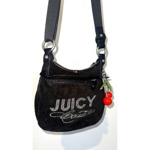 Y2K Rhinestone Velour Hobo Shoulder Bag Juicy Couture Black Juicy Logo Zip Purse